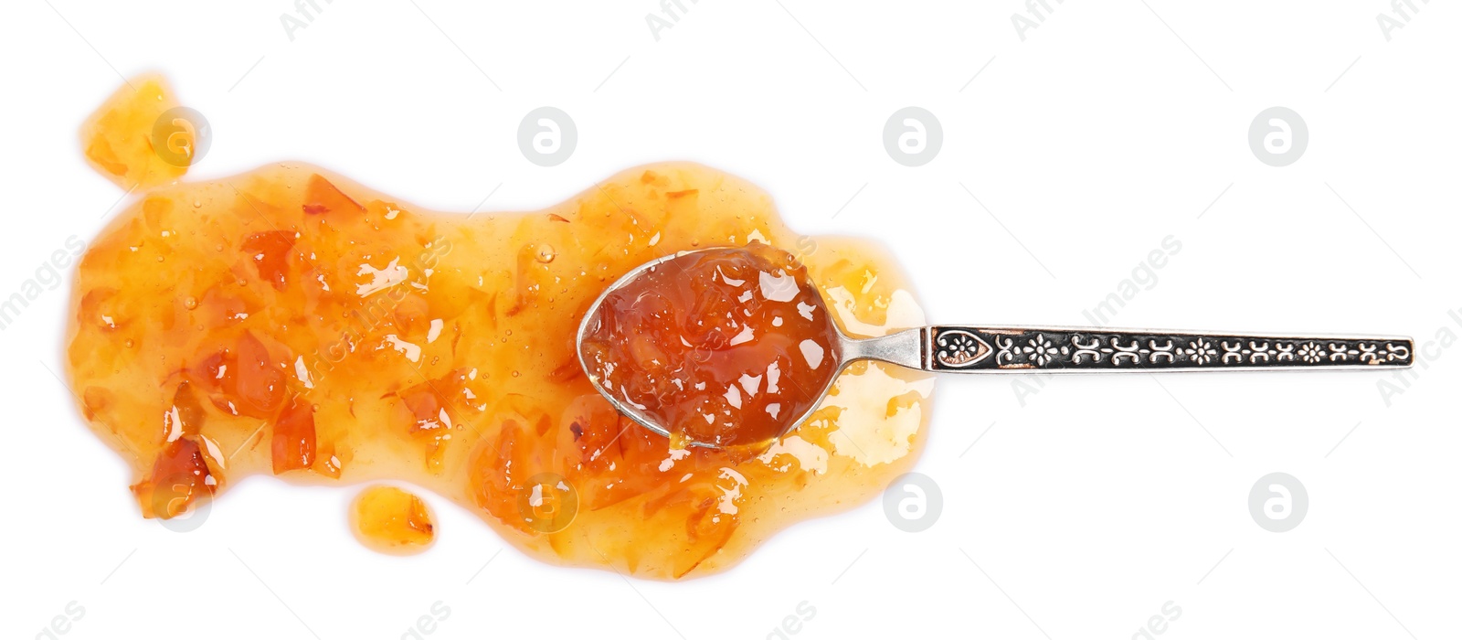 Photo of Spoon with delicious apple jam on white background, top view