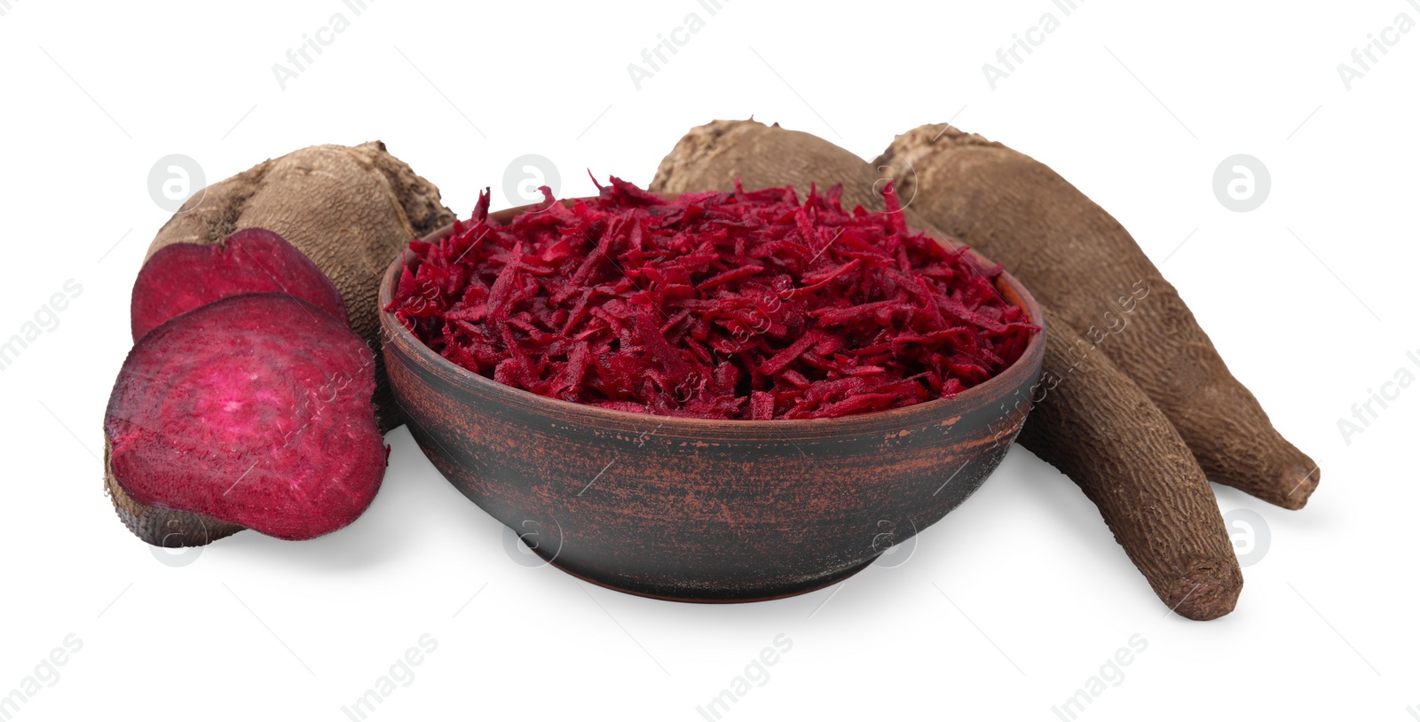 Photo of Whole, cut and grated red beets in bowl isolated on white