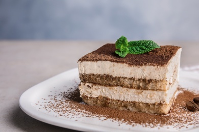 Photo of Plate of tiramisu cake on grey table, closeup. Space for text