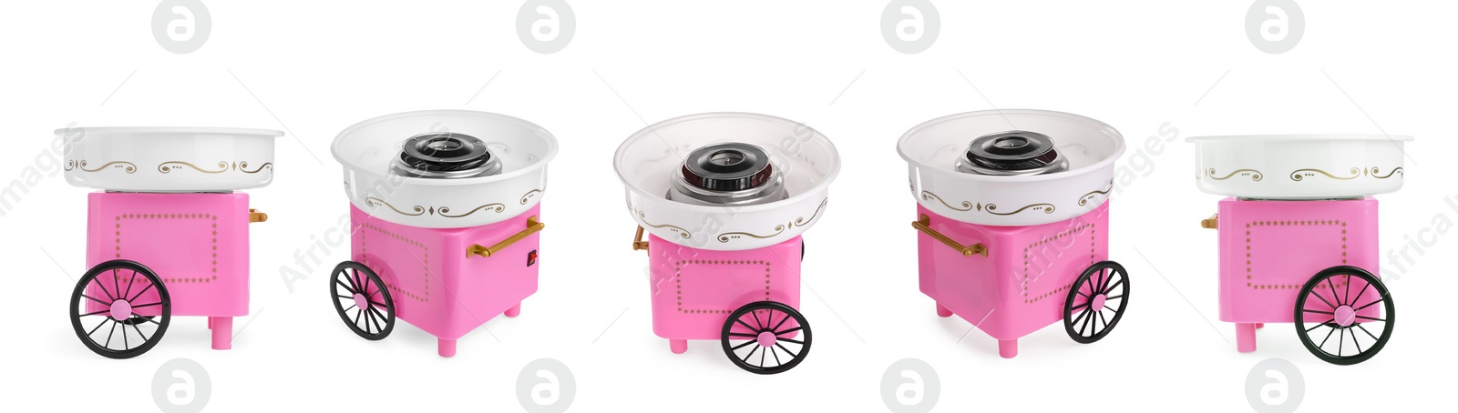 Image of Collage with portable candy cotton machine isolated on white, different sides