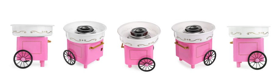 Image of Collage with portable candy cotton machine isolated on white, different sides