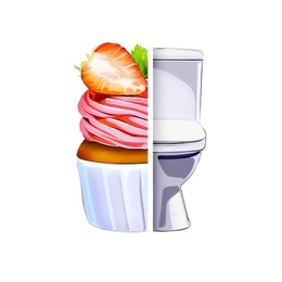Illustration of Bulimia - eating disorder.  cupcake and toilet bowl on white background, collage