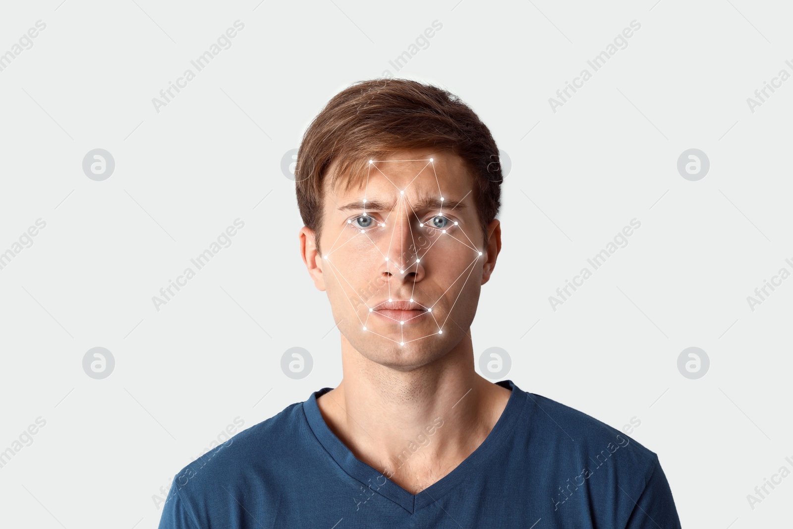 Image of Facial recognition system. Young man with digital biometric grid on white background