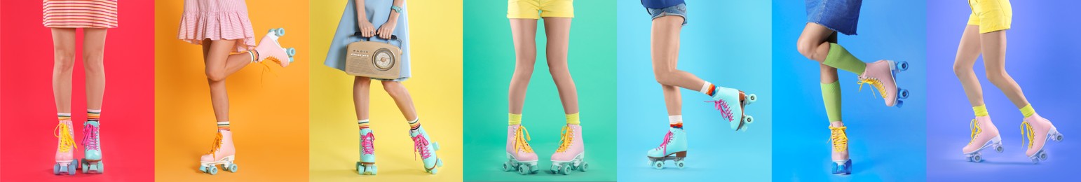 Image of Photos of women with retro roller skates on different color backgrounds, closeup. Collage banner design