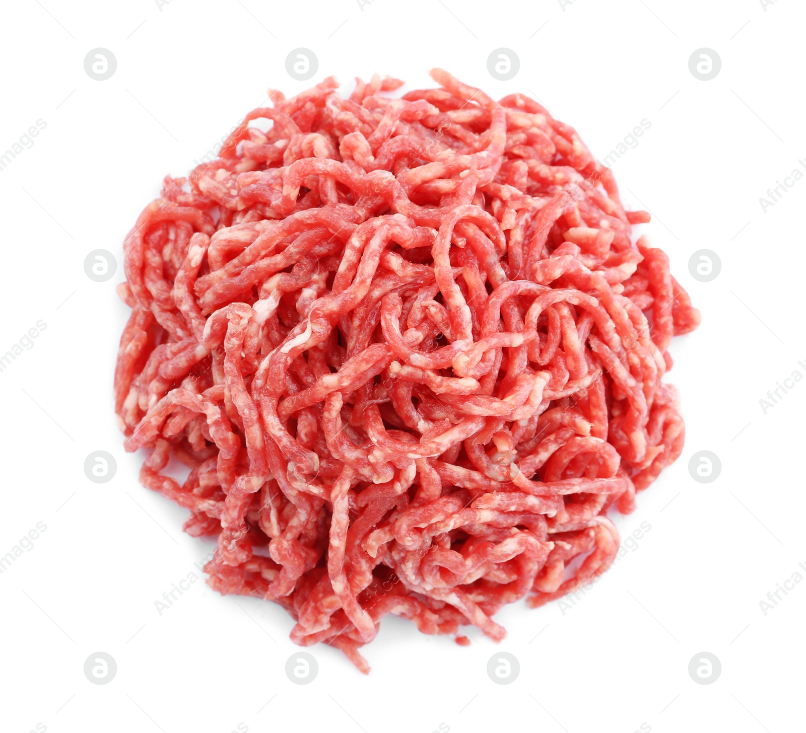 Photo of Fresh raw minced meat on white background, top view