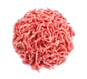 Fresh raw minced meat on white background, top view