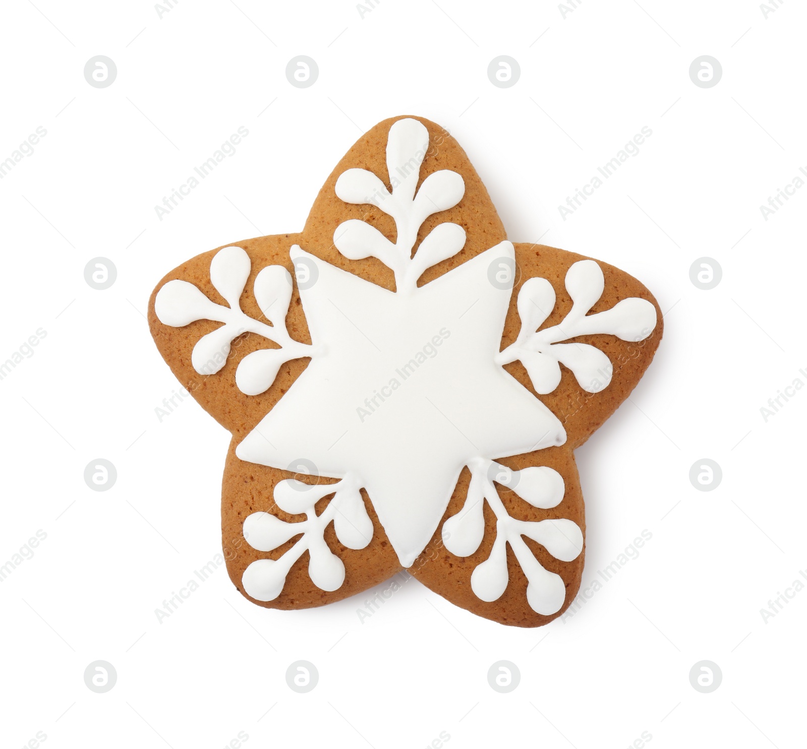 Photo of Tasty star shaped Christmas cookie with icing isolated on white, top view