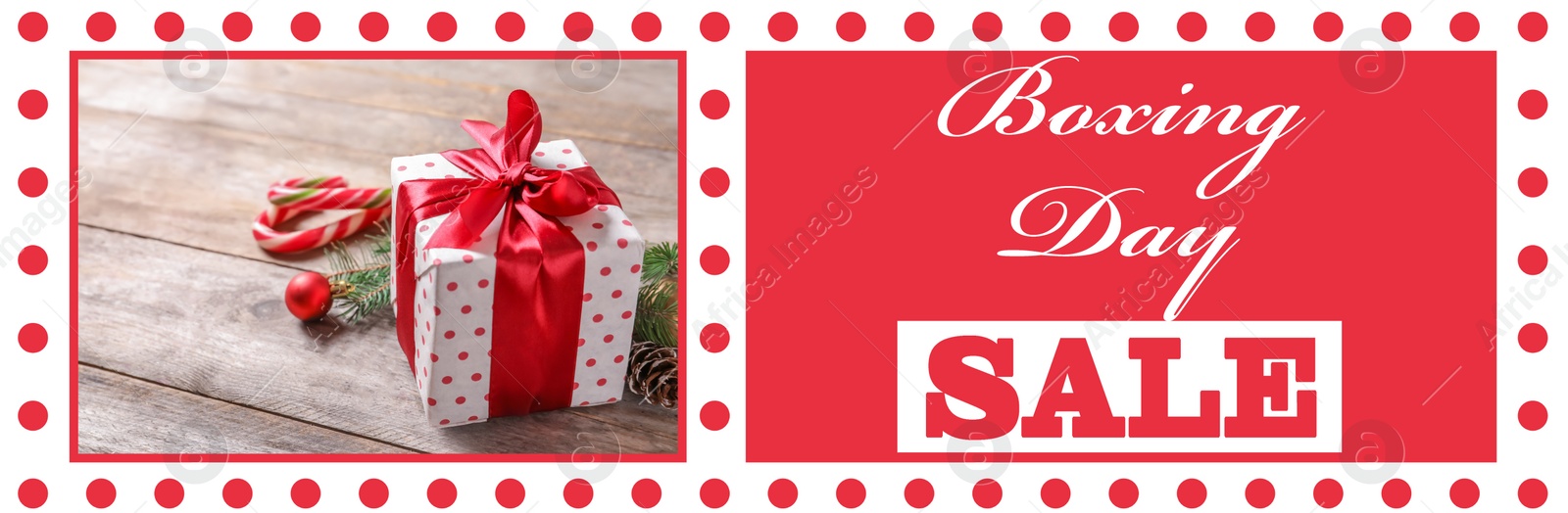 Image of Boxing Day Sale banner design. Gift on wooden table and text
