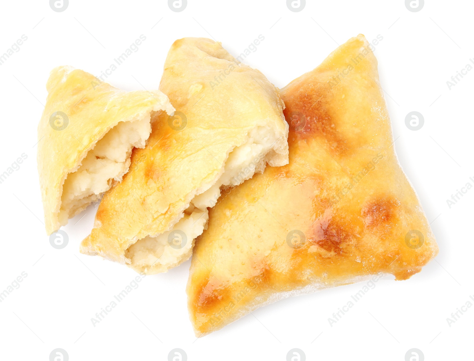 Photo of Delicious samosas isolated on white, top view. Homemade pastry