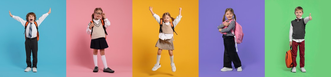 Happy schoolchildren with backpacks on color backgrounds, set of photos