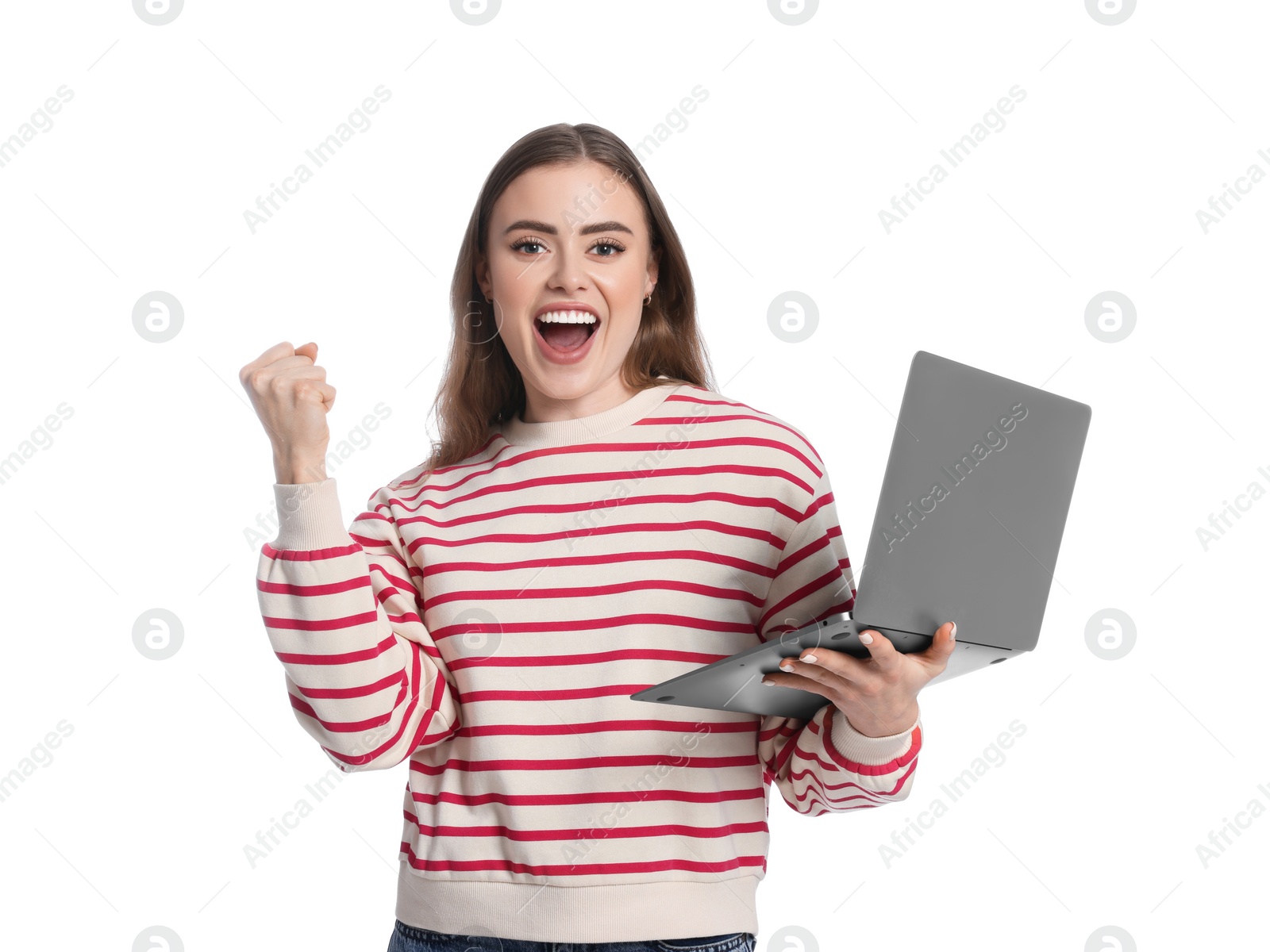 Photo of Happy woman with laptop on white background