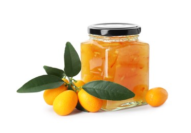 Delicious kumquat jam in jar and fresh fruits on white background