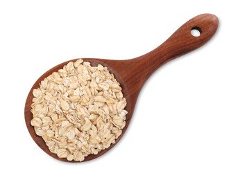 Photo of Wooden spoon of oatmeal isolated on white, top view