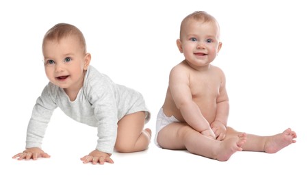 Portrait of cute twin babies on white background