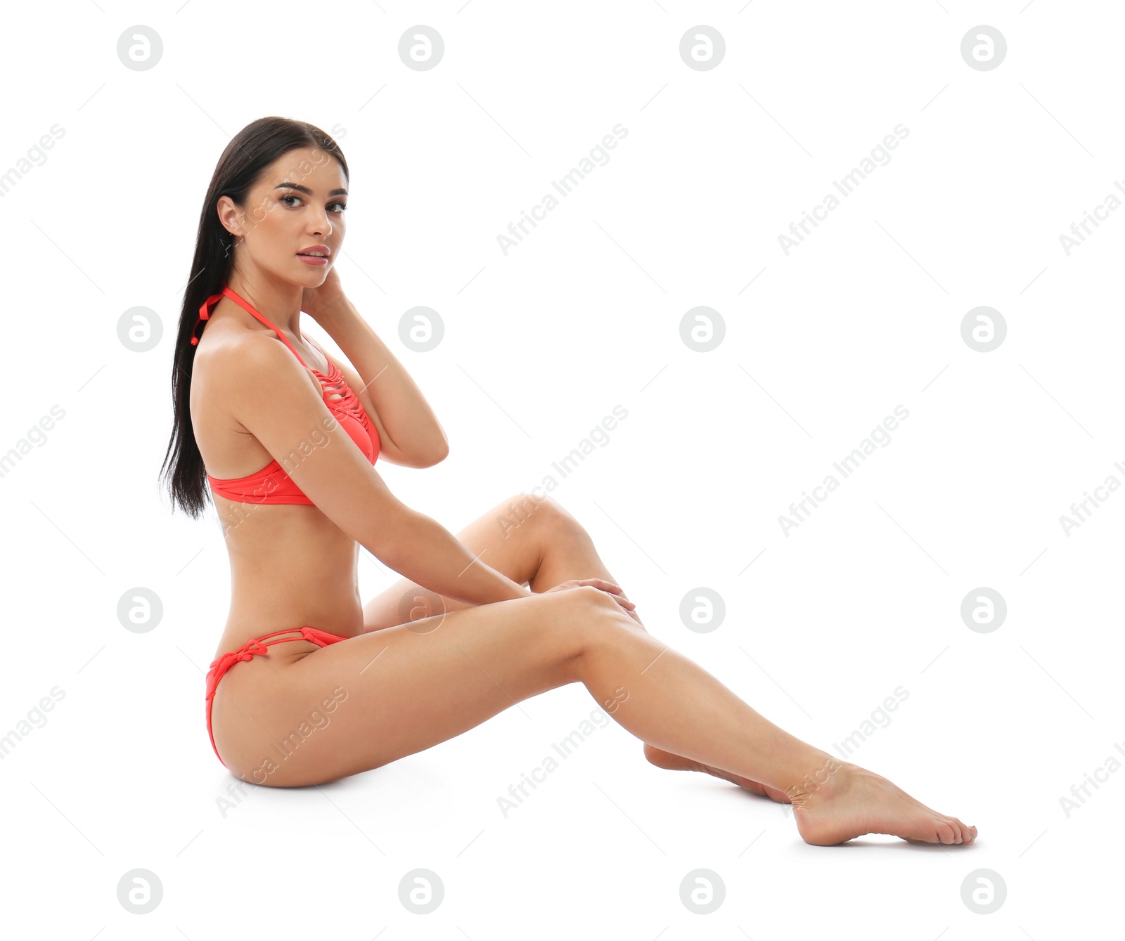 Photo of Beautiful young woman in stylish bikini on white background