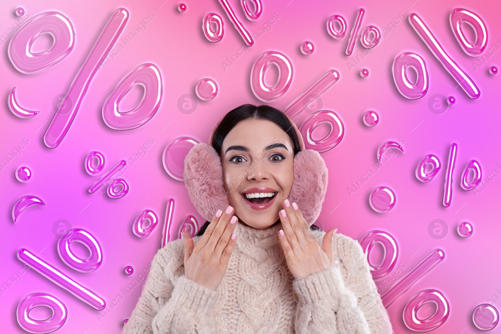 Image of Discount offer. Happy woman wearing earmuffs on pink background. Percent signs falling behind her