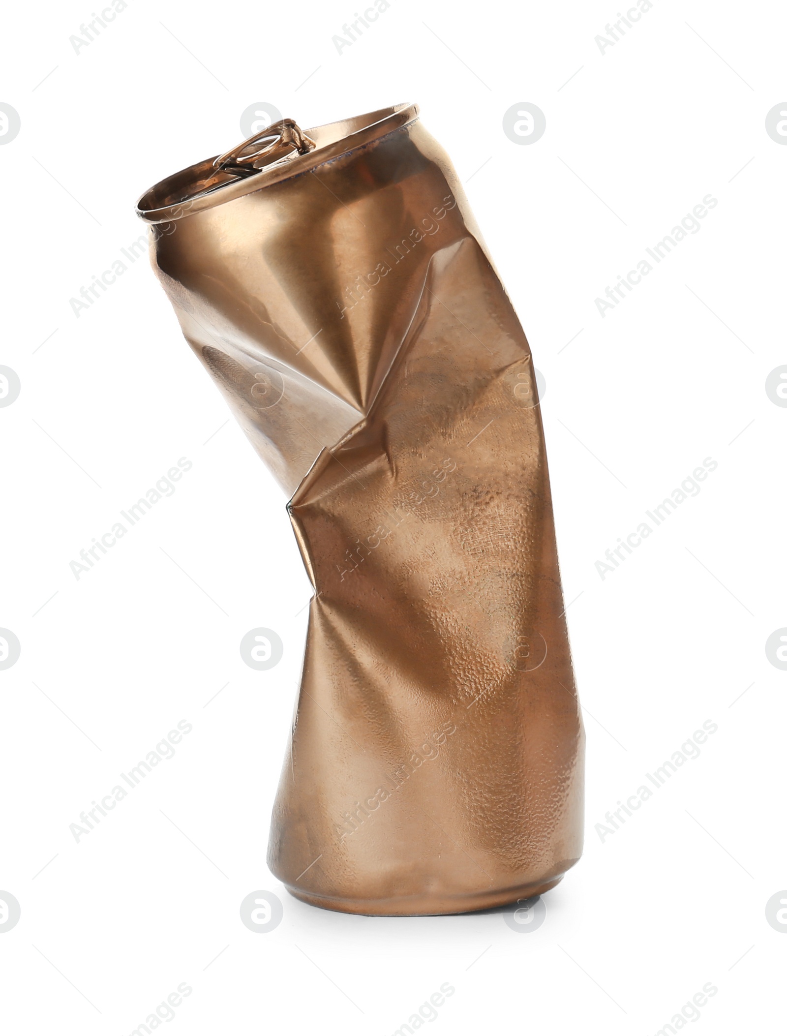 Photo of Empty crumpled aluminum can on white background. Metal waste recycling