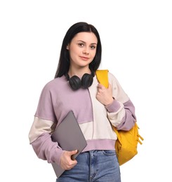 Student with laptop and backpack on white background