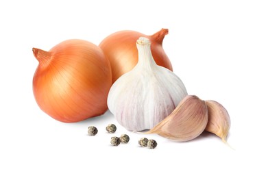 Image of Onions, pepper, garlic bulb and cloves on white background