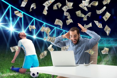 Image of Sports betting. Emotional winner with laptop under money shower. Player scoring goal at stadium on background