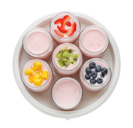 Photo of Modern yogurt maker with full jars on white background, top view