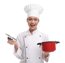 Surprised woman chef in uniform holding cooking pot on white background