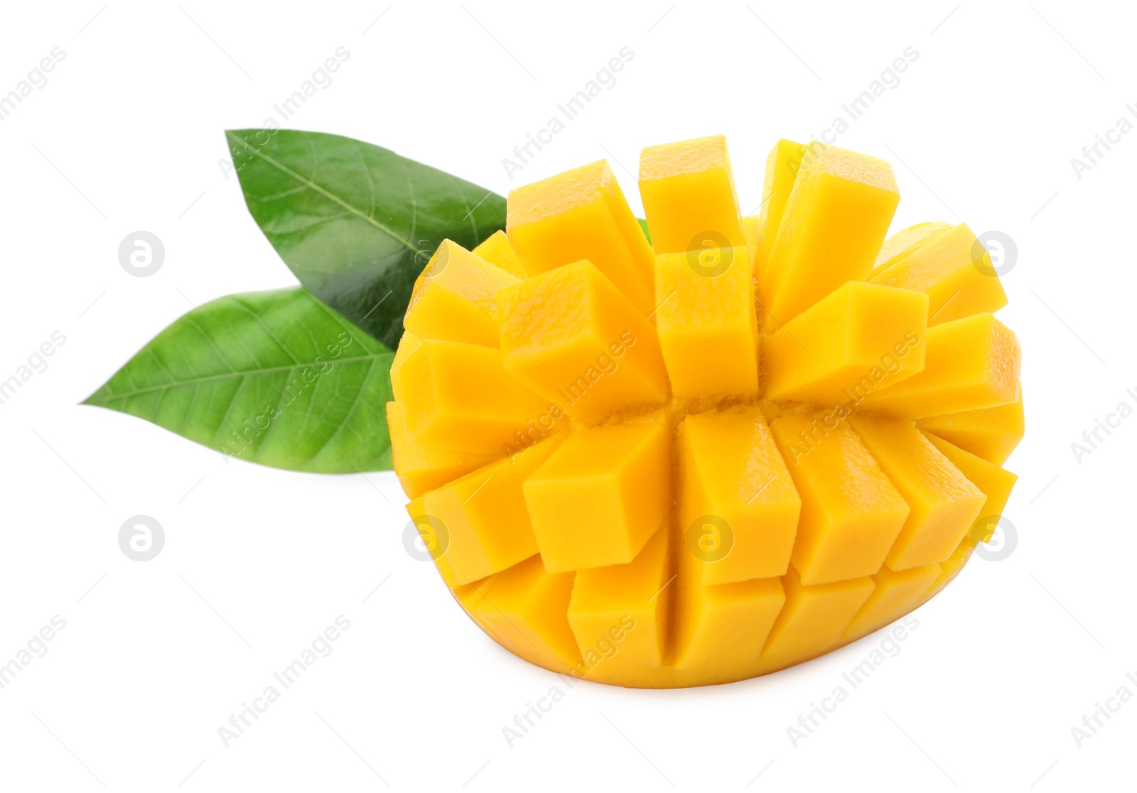 Photo of Cut ripe mango isolated on white. Exotic fruit