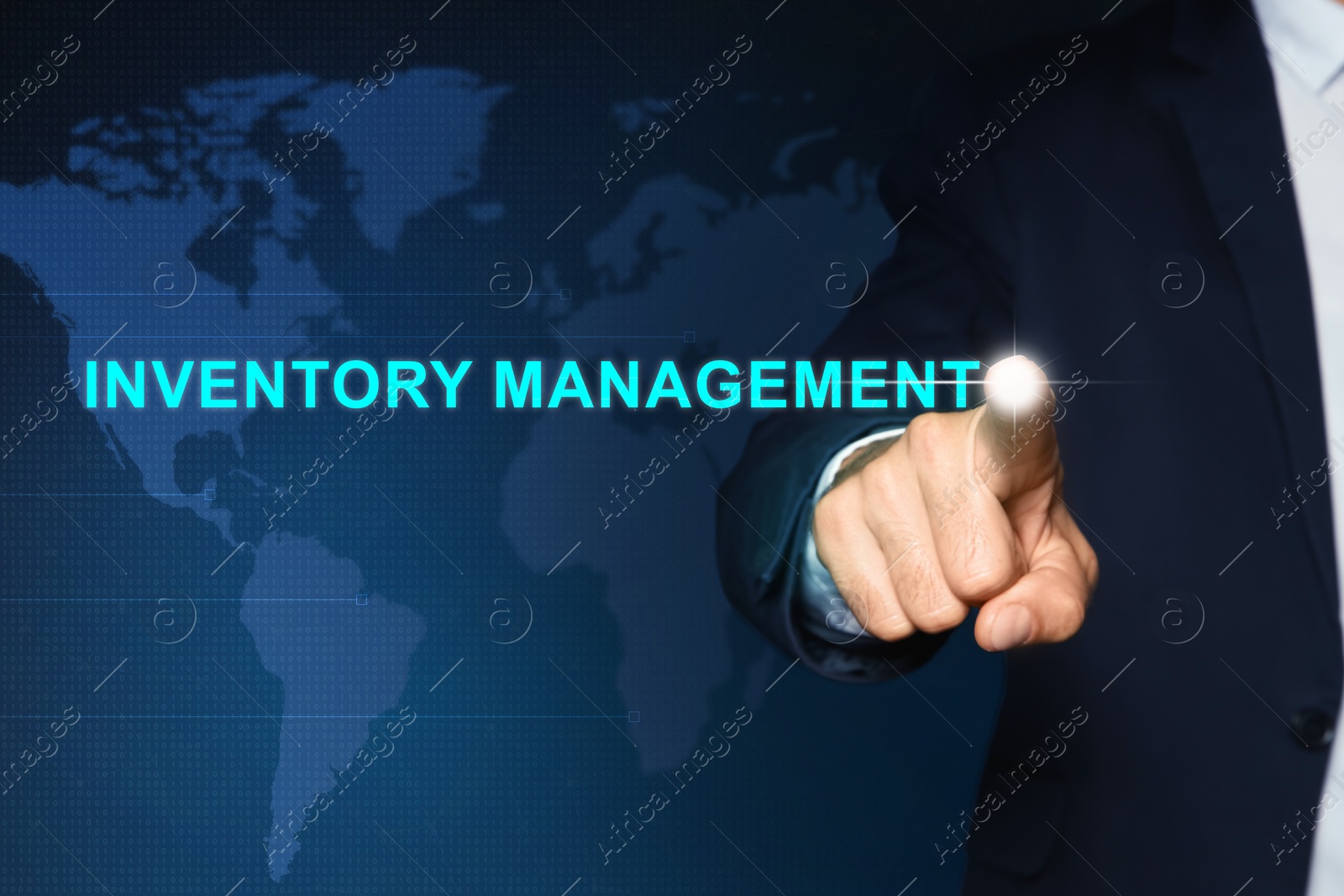 Image of Man touching virtual screen with text Inventory Management on color background