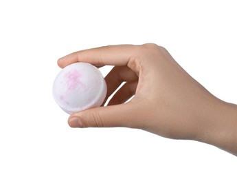 Photo of Woman holding bath bomb on white background, closeup