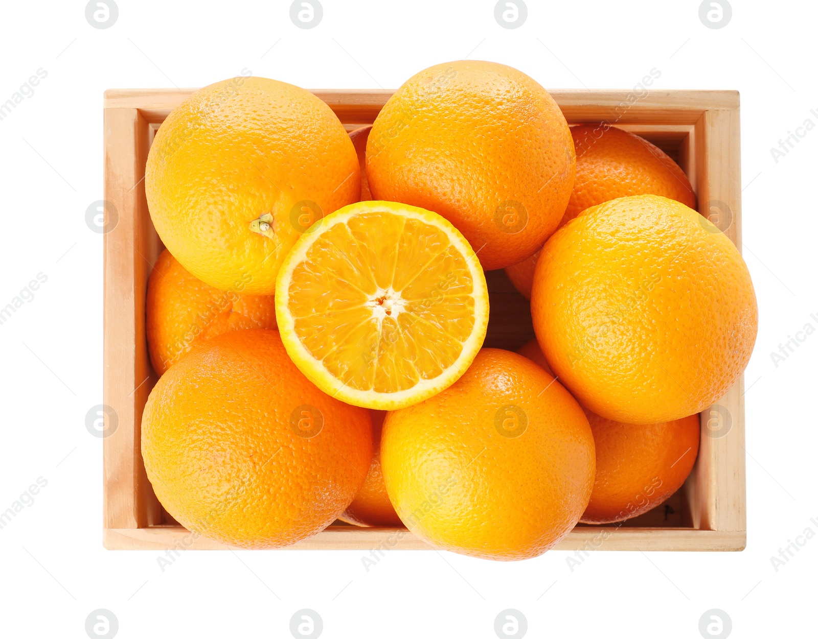 Photo of Wooden crate full of fresh oranges on white background, top view