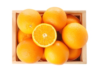 Wooden crate full of fresh oranges on white background, top view