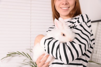 Photo of Woman with fluffy white rabbit indoors, closeup and space for text. Cute pet
