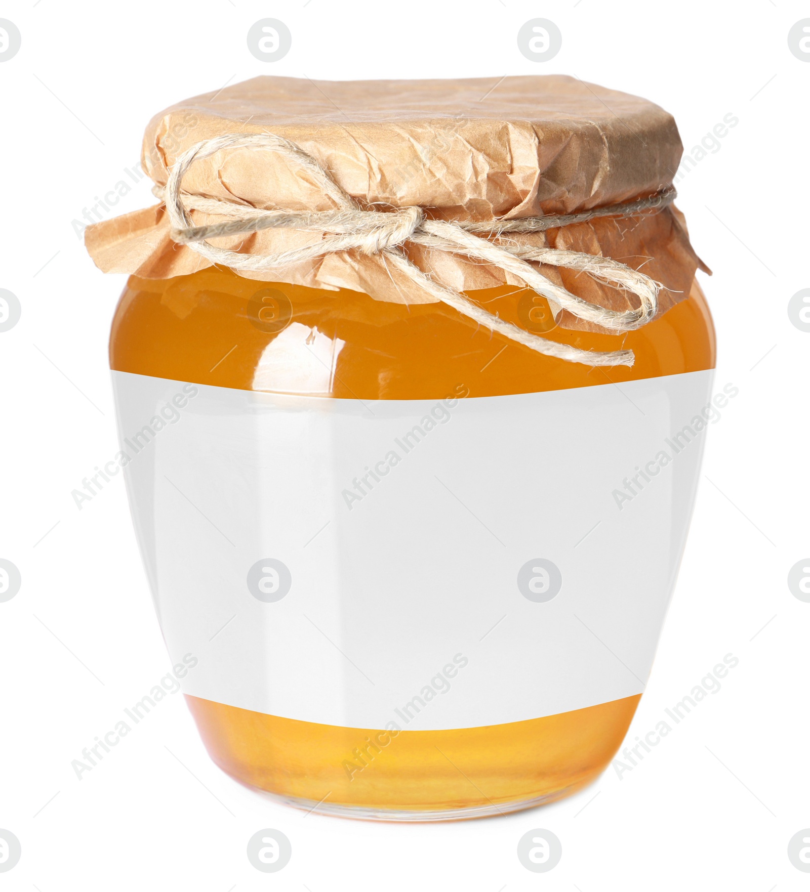 Image of Jar of honey with blank label on white background. Mockup for design