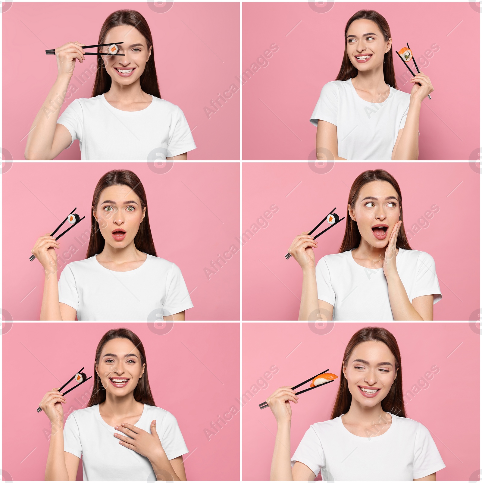 Image of Collage with photos of young woman eating tasty sushi and rolls on pink background