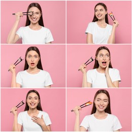 Collage with photos of young woman eating tasty sushi and rolls on pink background