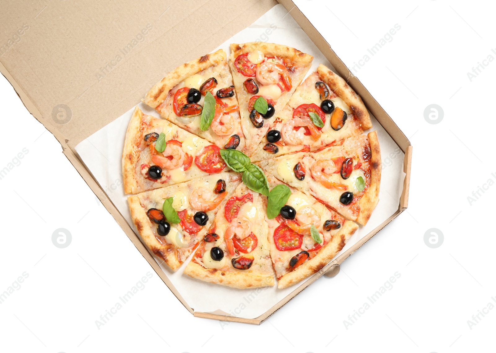 Photo of Tasty pizza with seafood in cardboard box isolated on white, top view