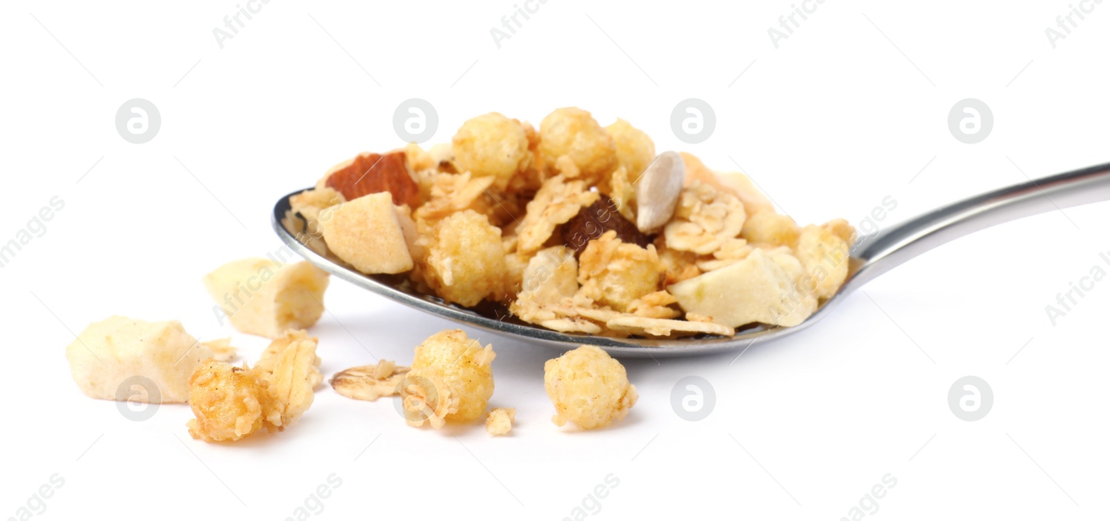 Photo of Spoon with granola on white background. Healthy snack