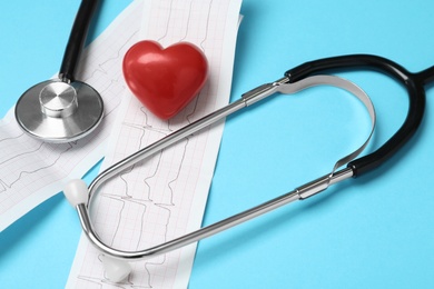 Photo of Cardiogram report, red heart and stethoscope on light blue background