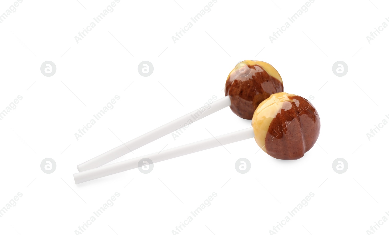 Photo of Two sweet colorful lollipops isolated on white