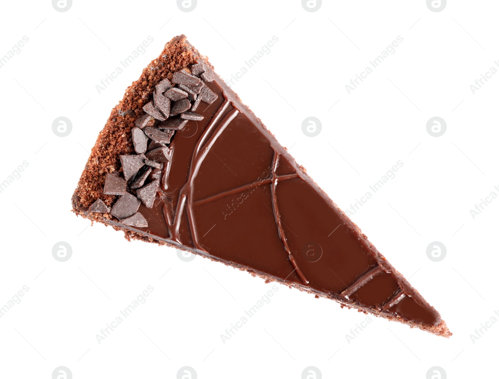 Photo of Piece of tasty chocolate cake isolated on white, top view