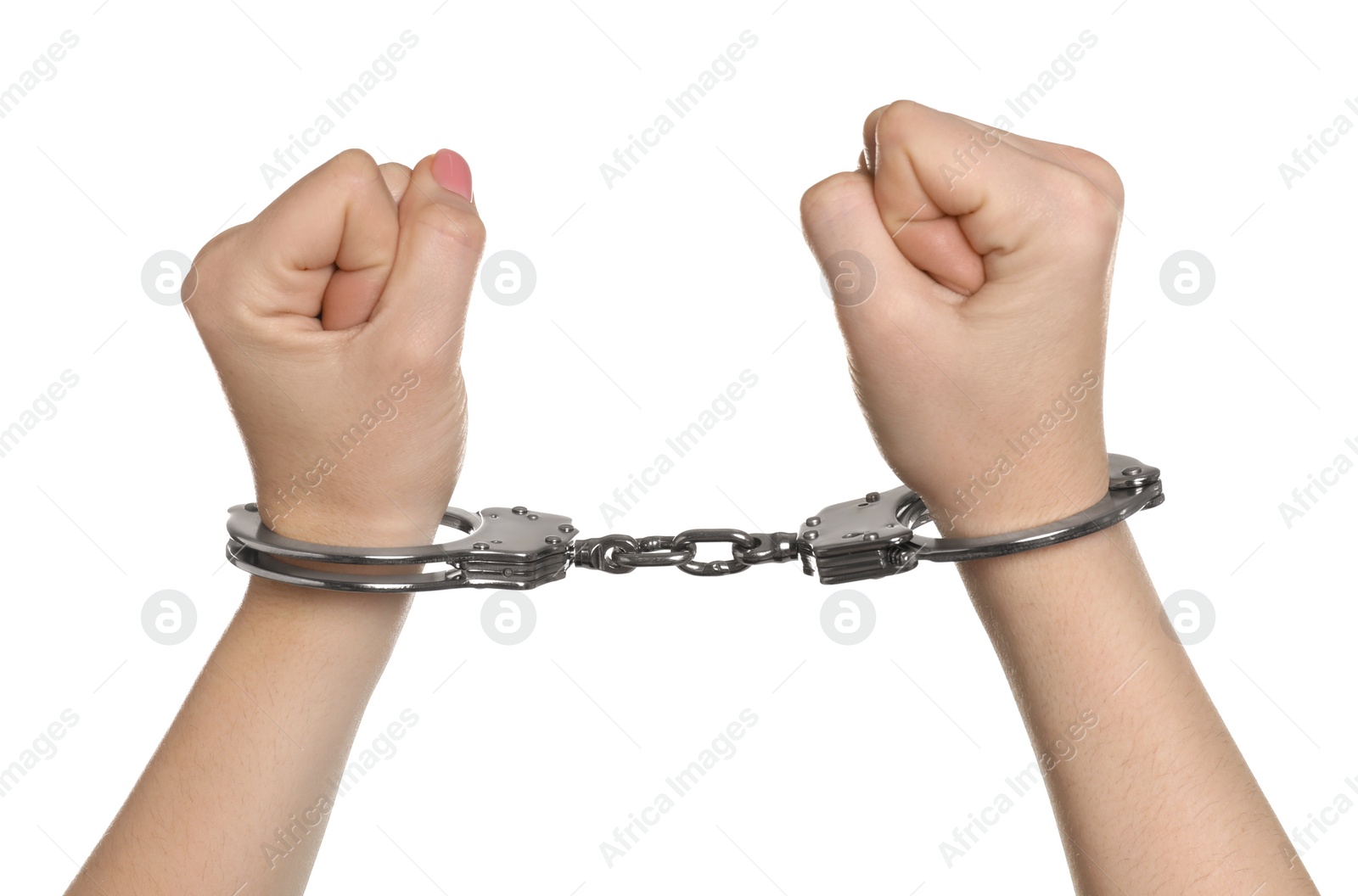 Photo of Freedom concept. Woman with handcuffs on white background, closeup