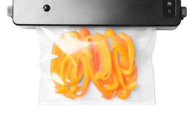 Photo of Sealer for vacuum packing and plastic bag with bell pepper on white background, top view
