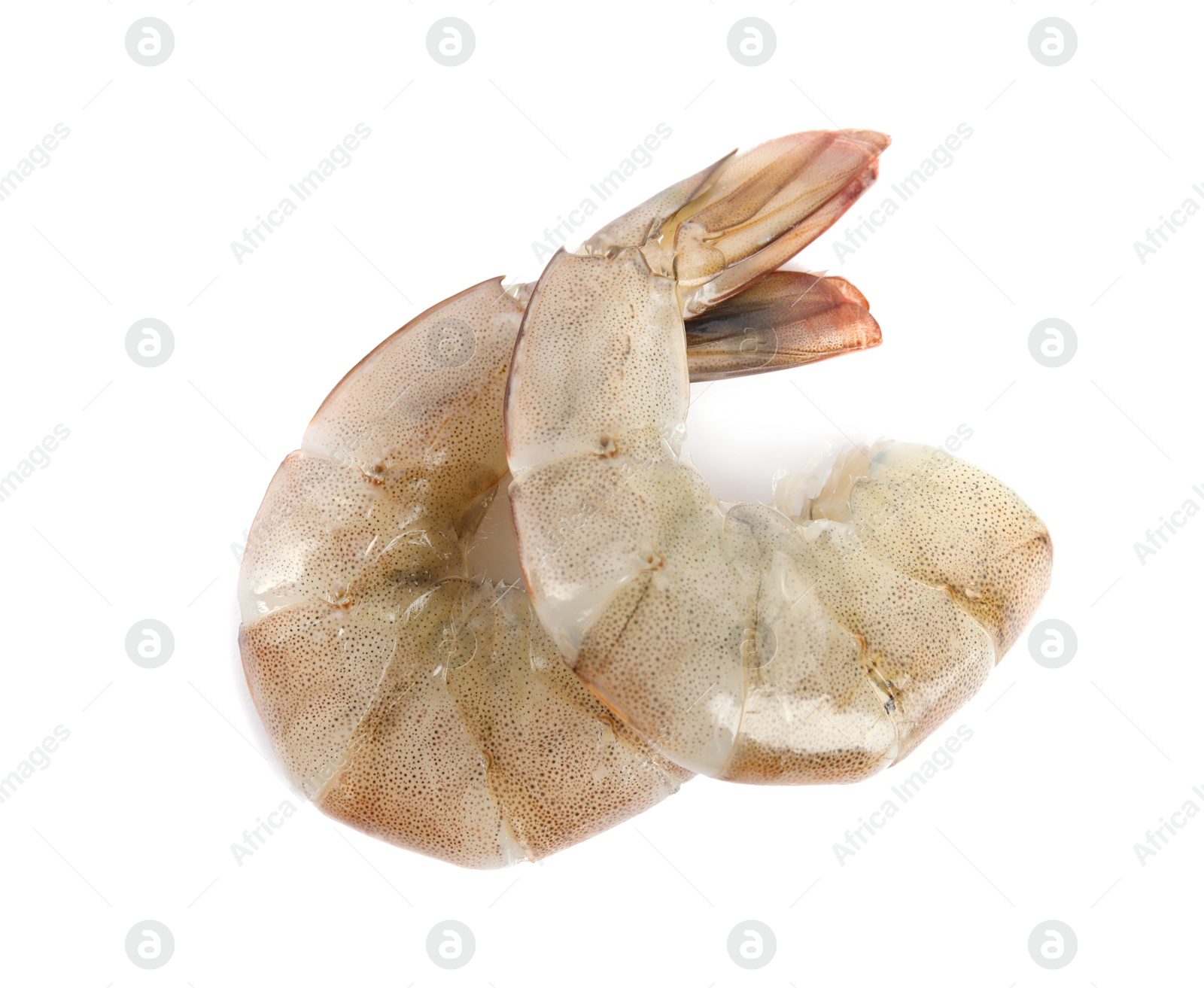 Photo of Fresh raw shrimps isolated on white, top view. Healthy seafood