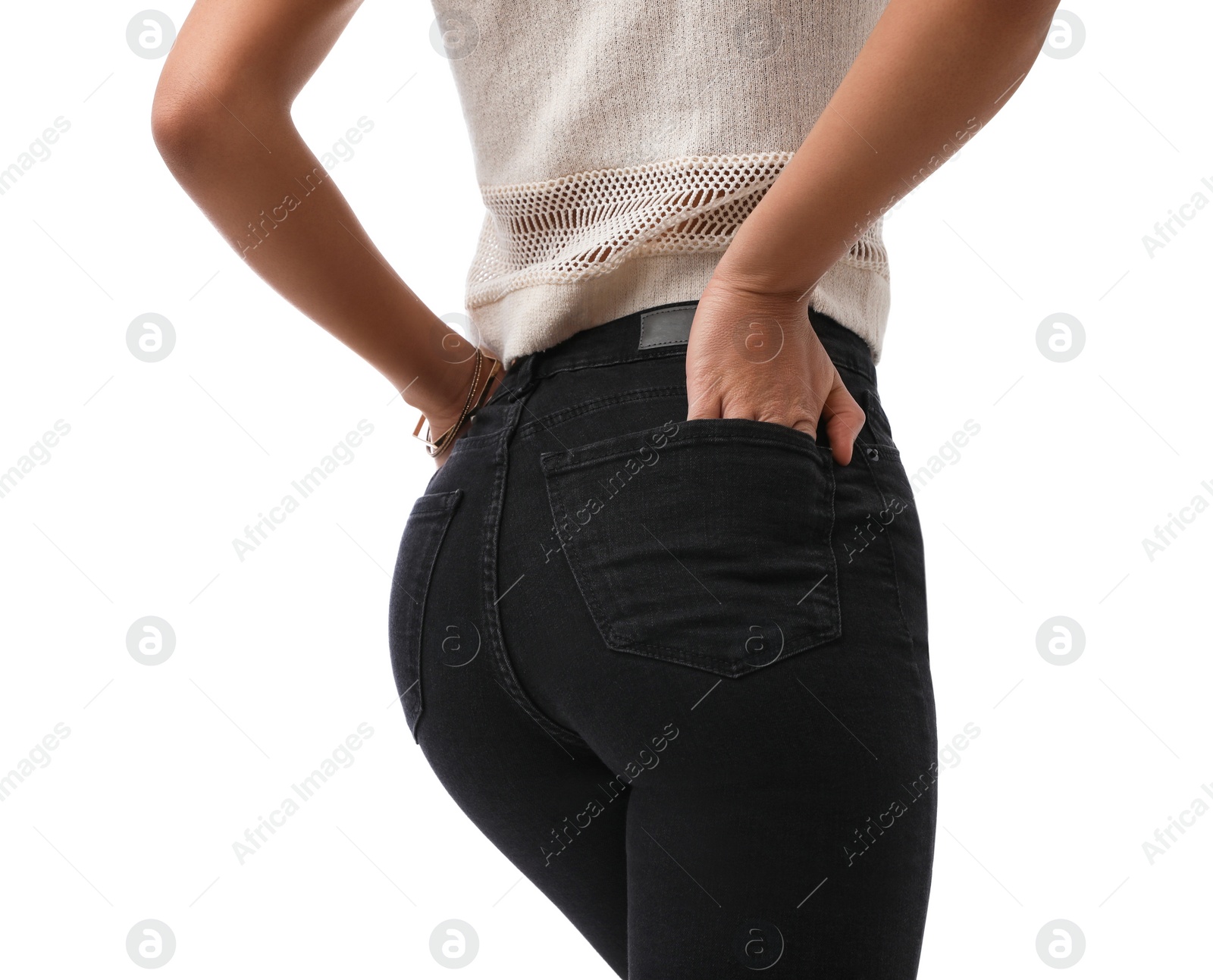 Photo of Woman wearing jeans on white background, closeup