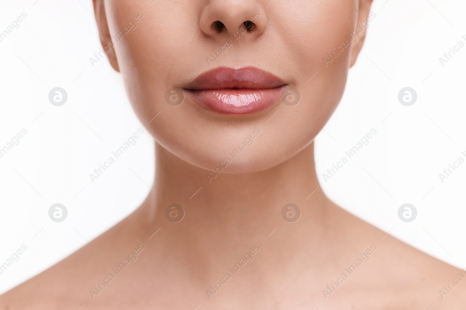 Photo of Woman with beautiful lips on white background, closeup