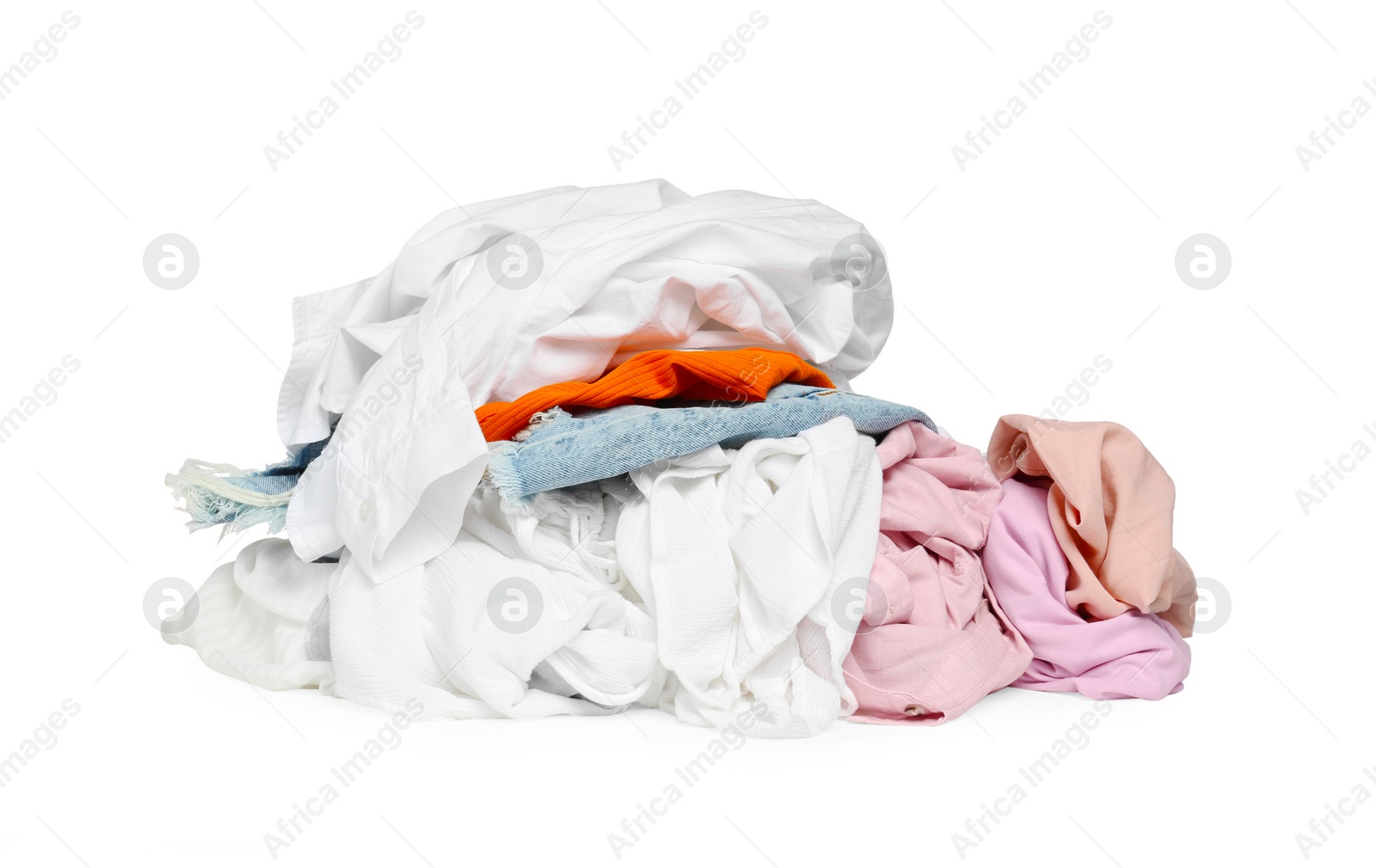 Photo of Pile of colorful clothes isolated on white