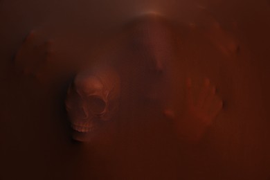 Photo of Silhouette of creepy ghost with skulls behind brown cloth