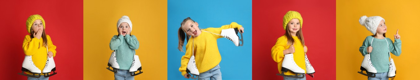 Image of Collage with photos of cute little girl with ice skates on color backgrounds, banner design