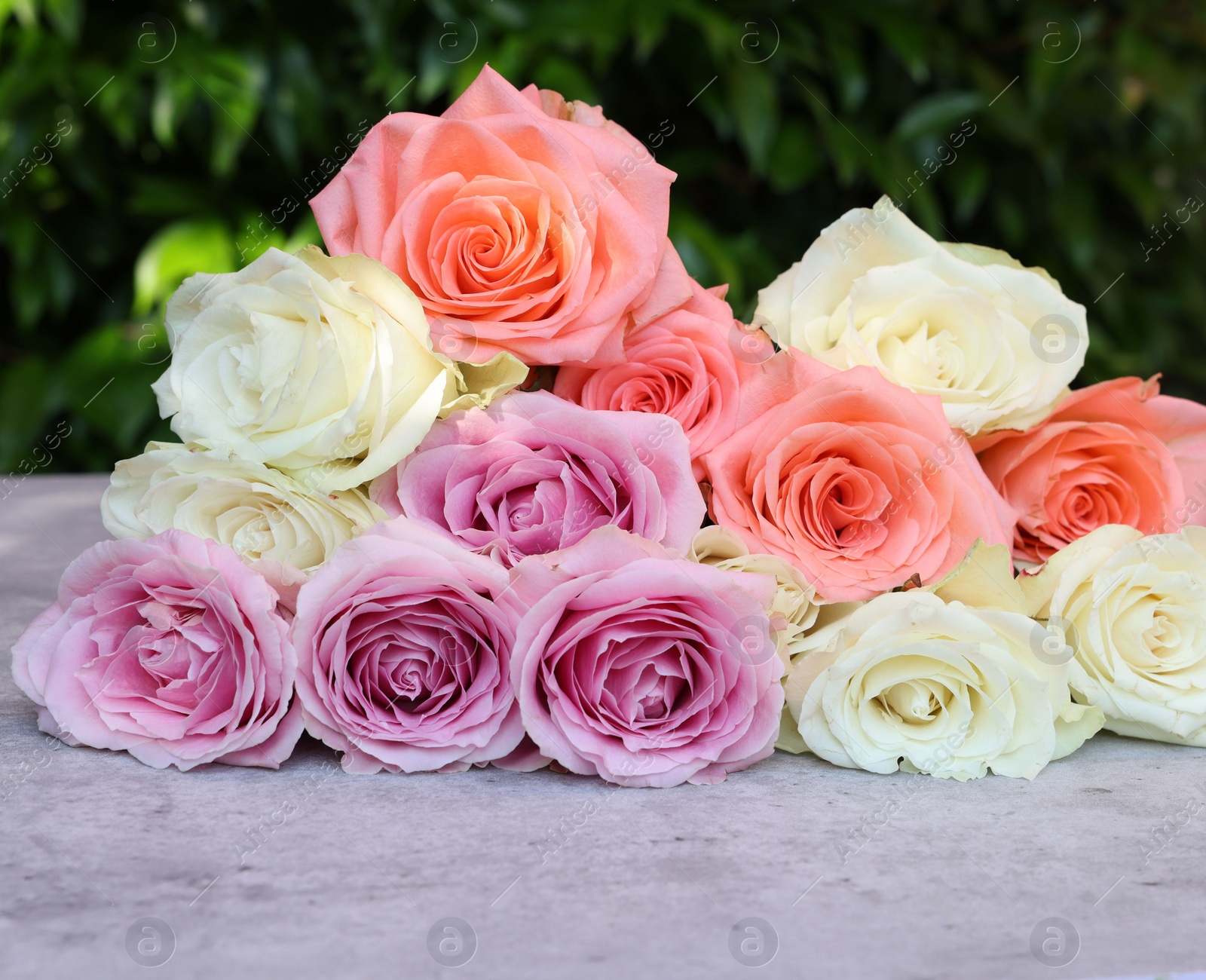 Photo of Beautiful bouquet of roses on light grey table outdoors, closeup