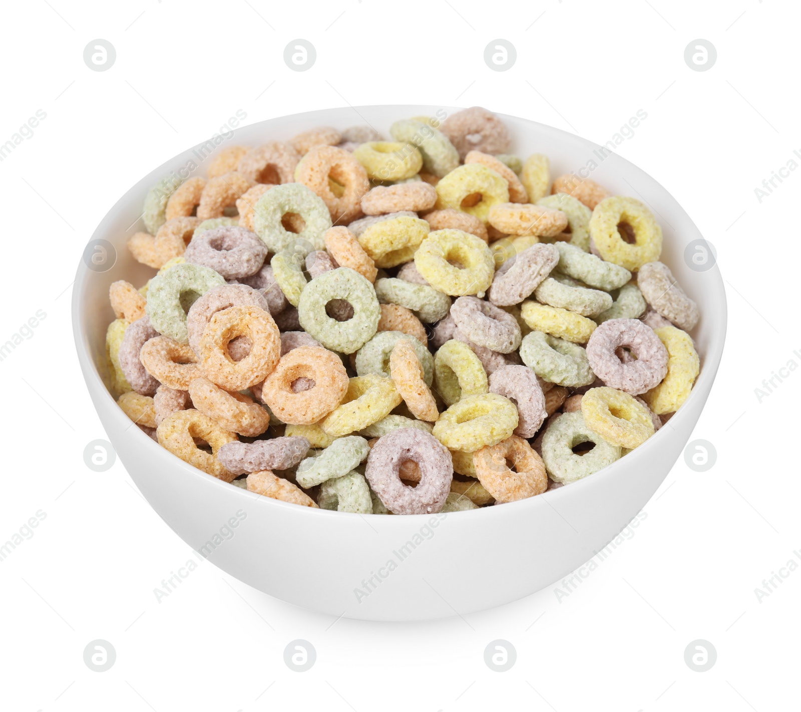 Photo of Tasty cereal rings in bowl isolated on white